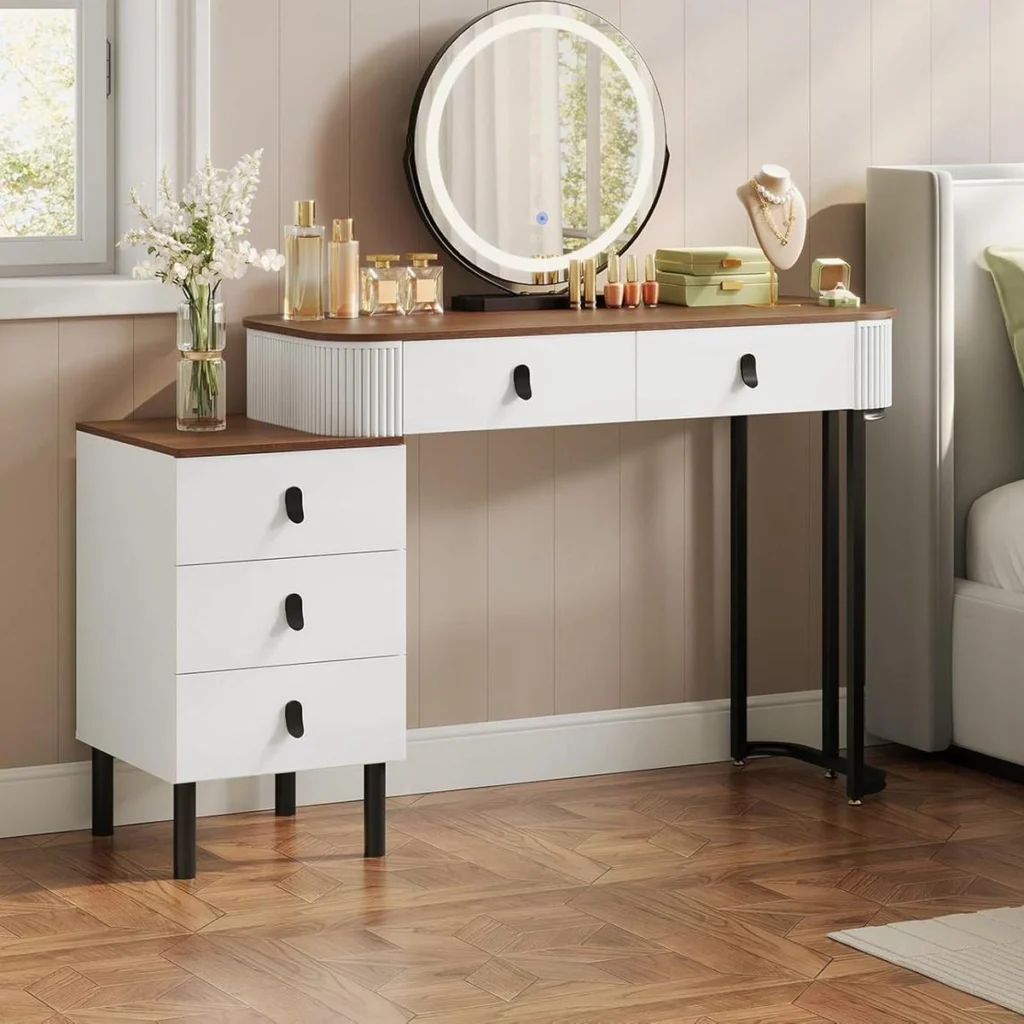 The dressing table next to a bed, drawer unit on the left