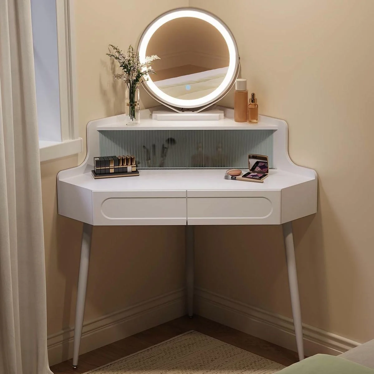 White corner dressing table in the corner of a bedroom, round mirror lit up