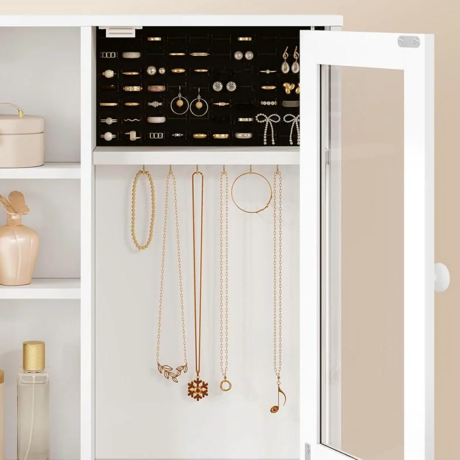The jewellery box open: rings and earrings at the top, necklaces on 6 gold hooks