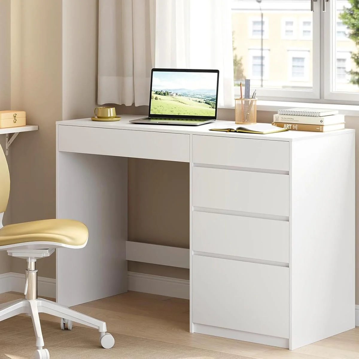 Without the mirror, a desk: computer, books and chair