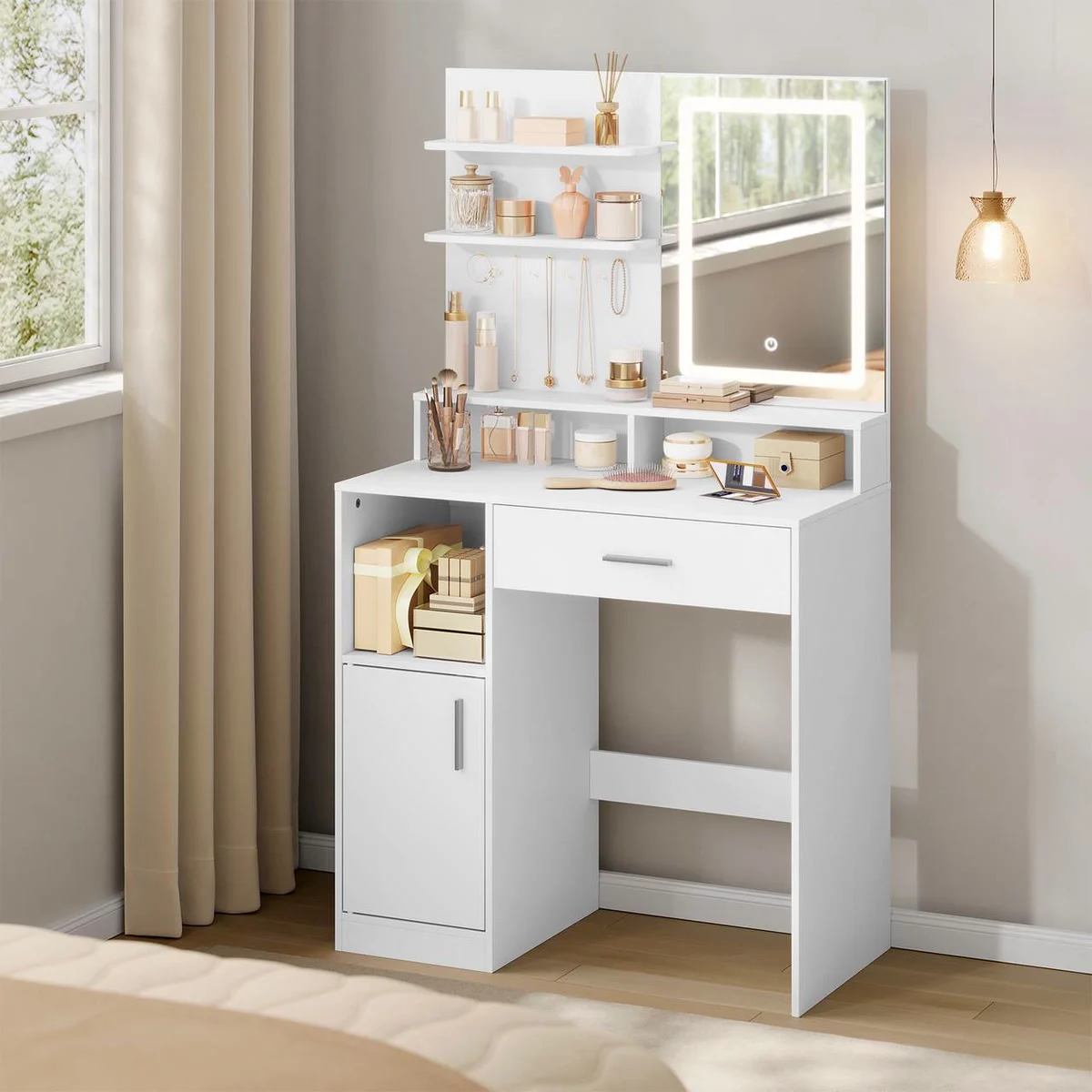 Compact white 80 cm dressing table in a bedroom, LED mirror lit