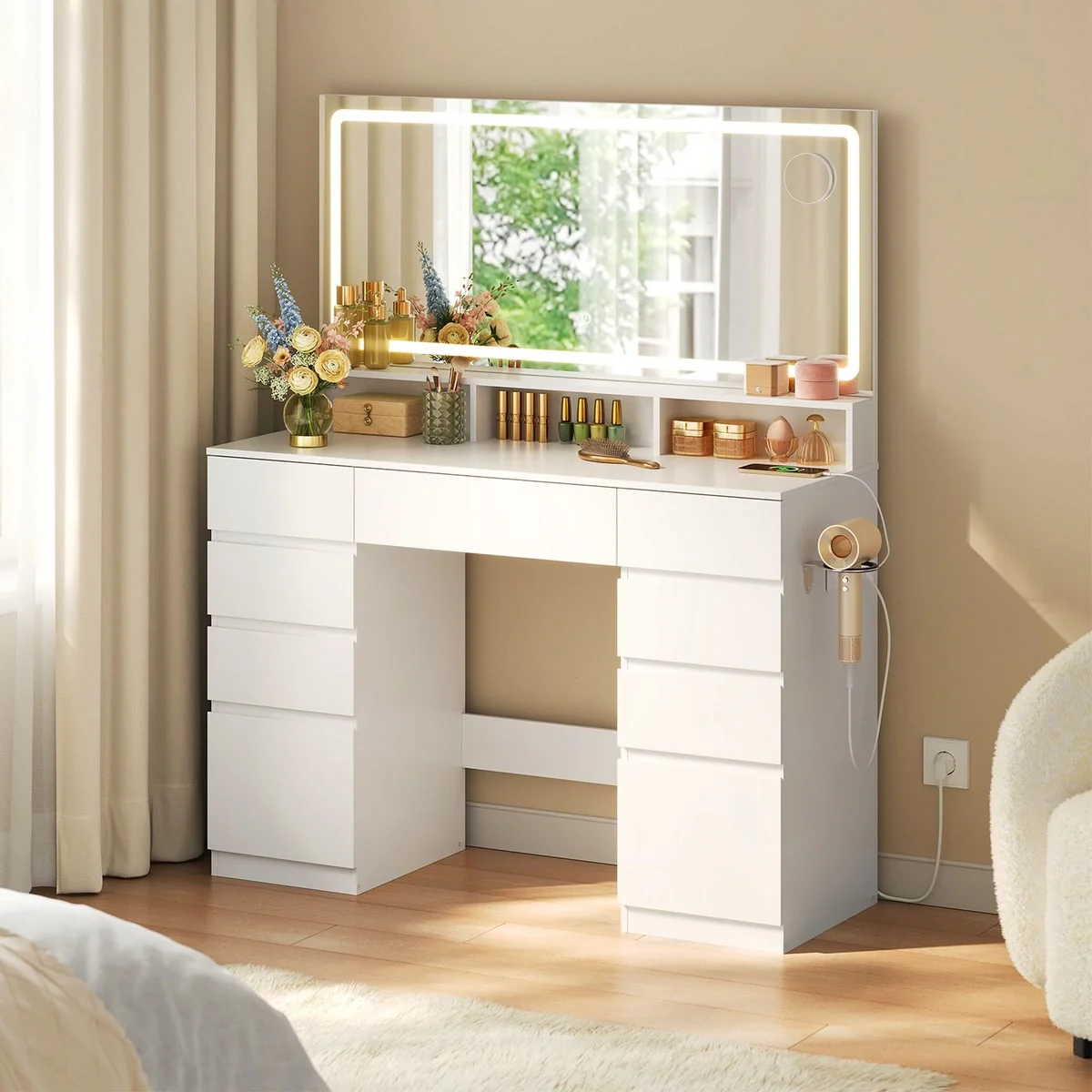 White 110 cm dressing table in a bedroom, large LED mirror lit