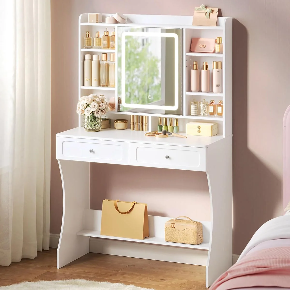 White 90 cm dressing table in a bedroom, LED mirror lit between the shelves