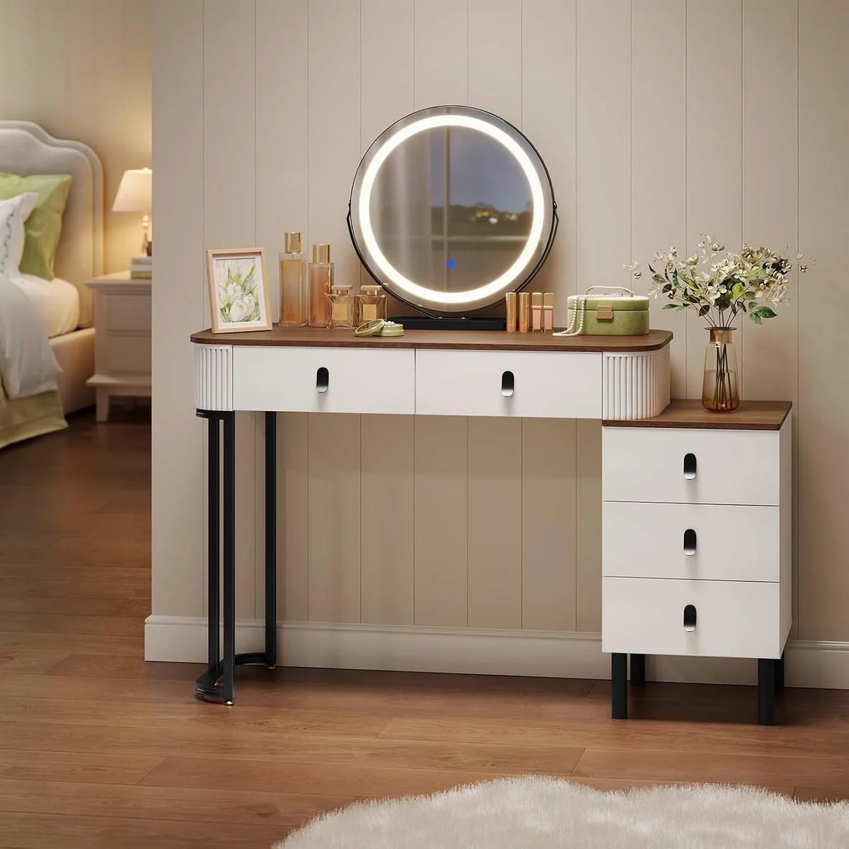 Wood and white 100 cm dressing table in a bedroom, round mirror lit up and drawer unit on the right