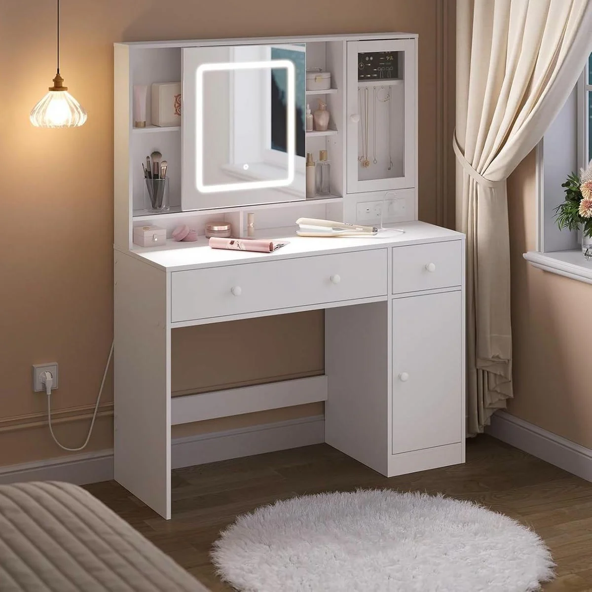 White 108 cm dressing table in a bedroom, LED mirror lit, jewellery box on the right