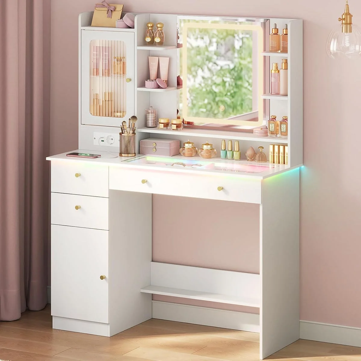 White 104 cm dressing table in a bedroom, with the LED mirror on and the glass top lit