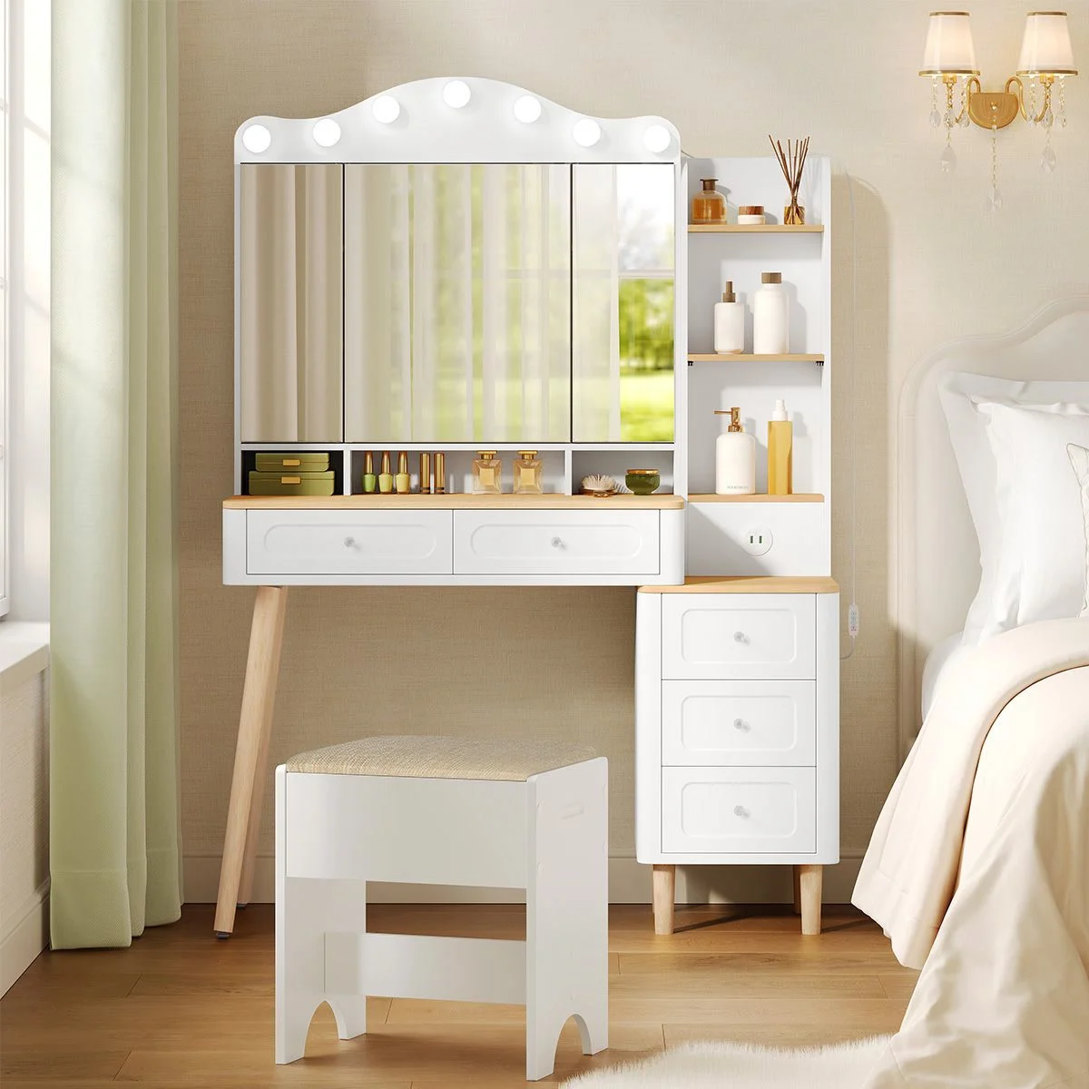 White and wood 107 cm dressing table in a bedroom, with the bulbs lit above the tri-fold mirror