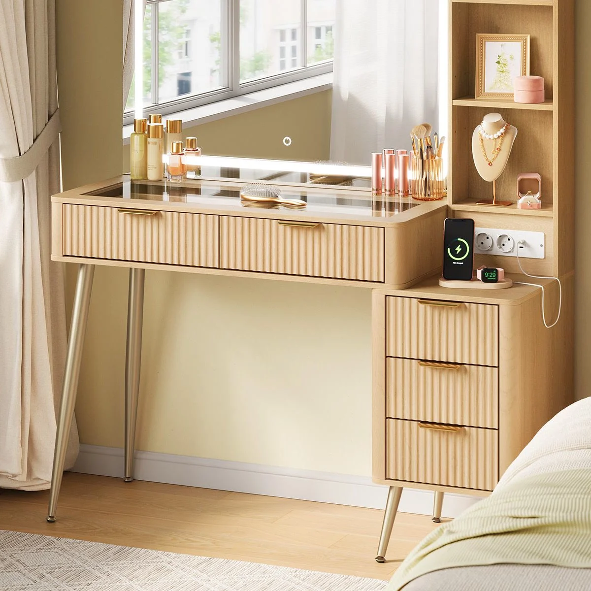 Light wood-effect dressing table in a bedroom: glass top, chest of drawers and lit mirror