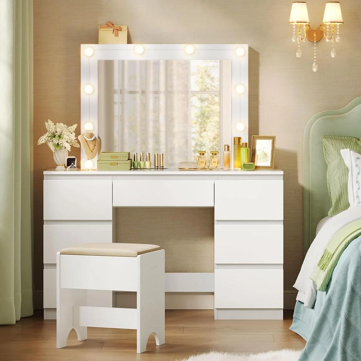 White 107 cm Hollywood dressing table in a bedroom, bulbs lit up