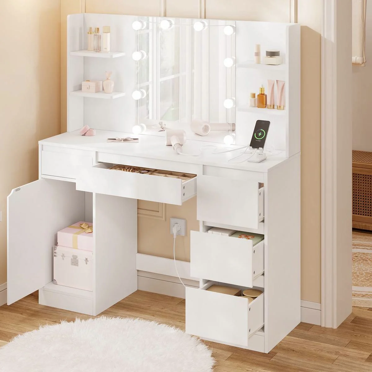 White 110 cm Hollywood dressing table in a bedroom, drawers and cupboard open