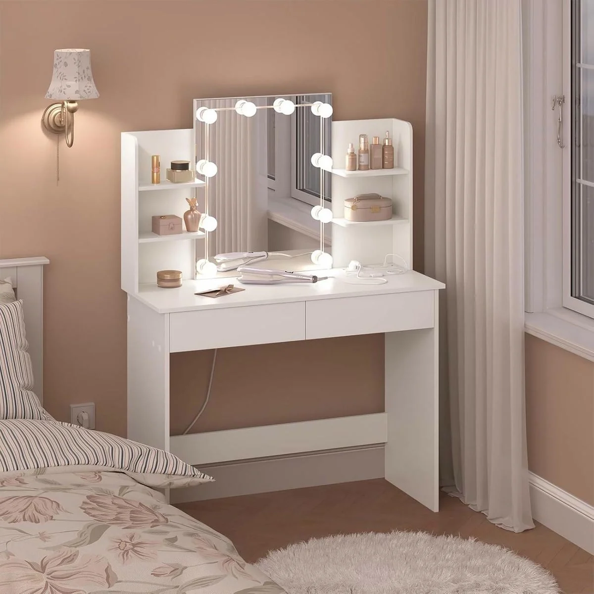 White 90 cm Hollywood dressing table in a bedroom, 10 bulbs lit around the mirror