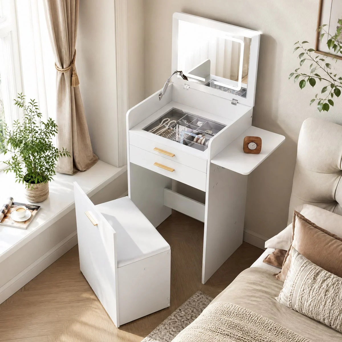 Compact white 50 cm dressing table in a bedroom, with the LED mirror raised and the stool tucked underneath