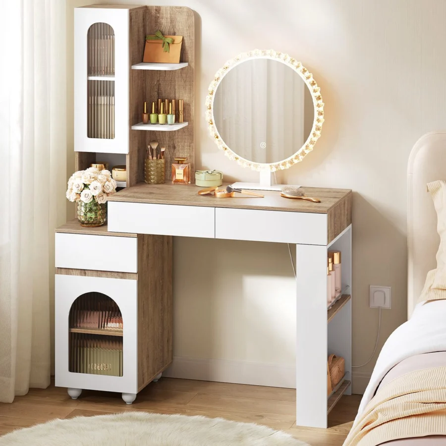 The dressing table next to a bed: cupboards, drawers and side shelf