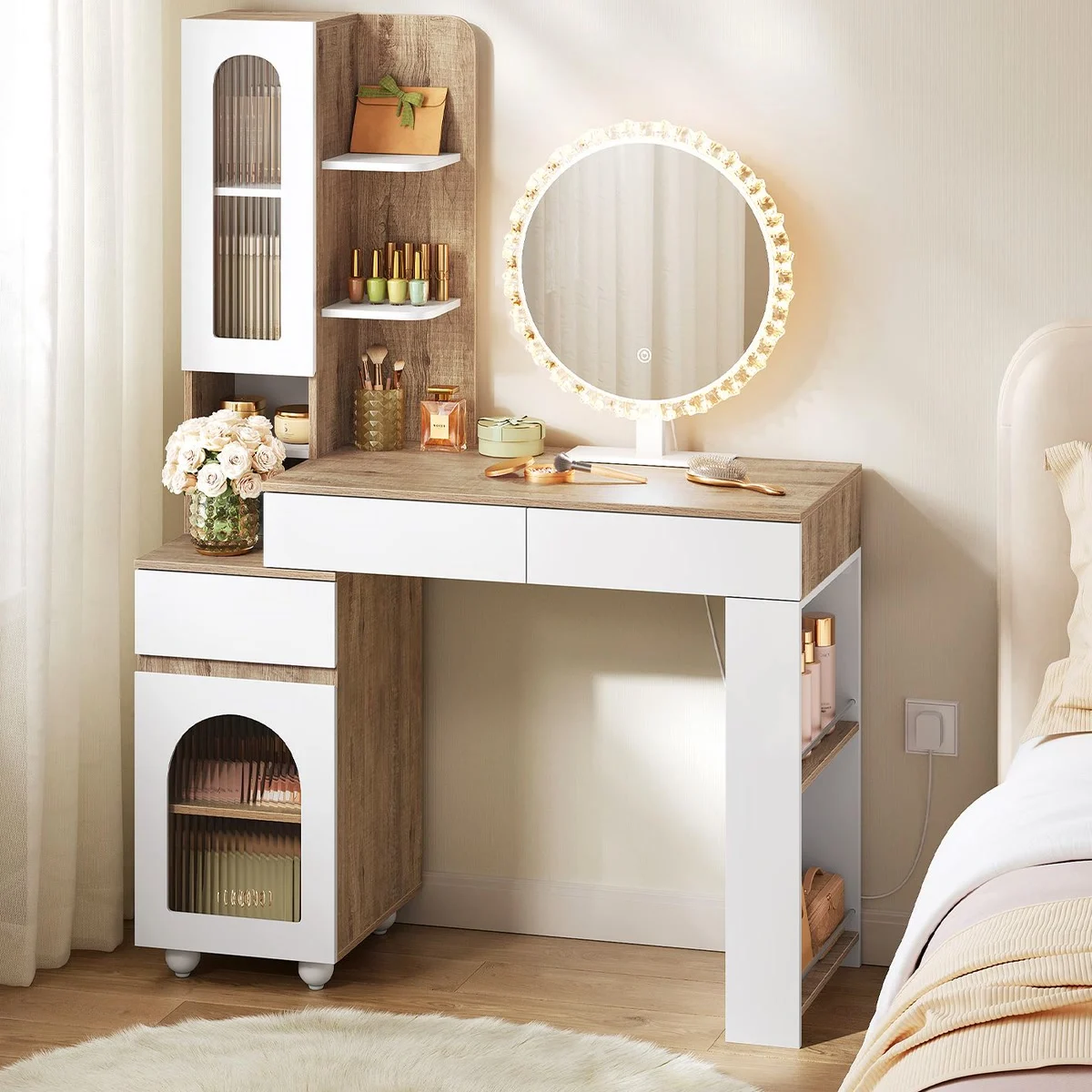 The dressing table next to a bed: cupboards, drawers and side shelf
