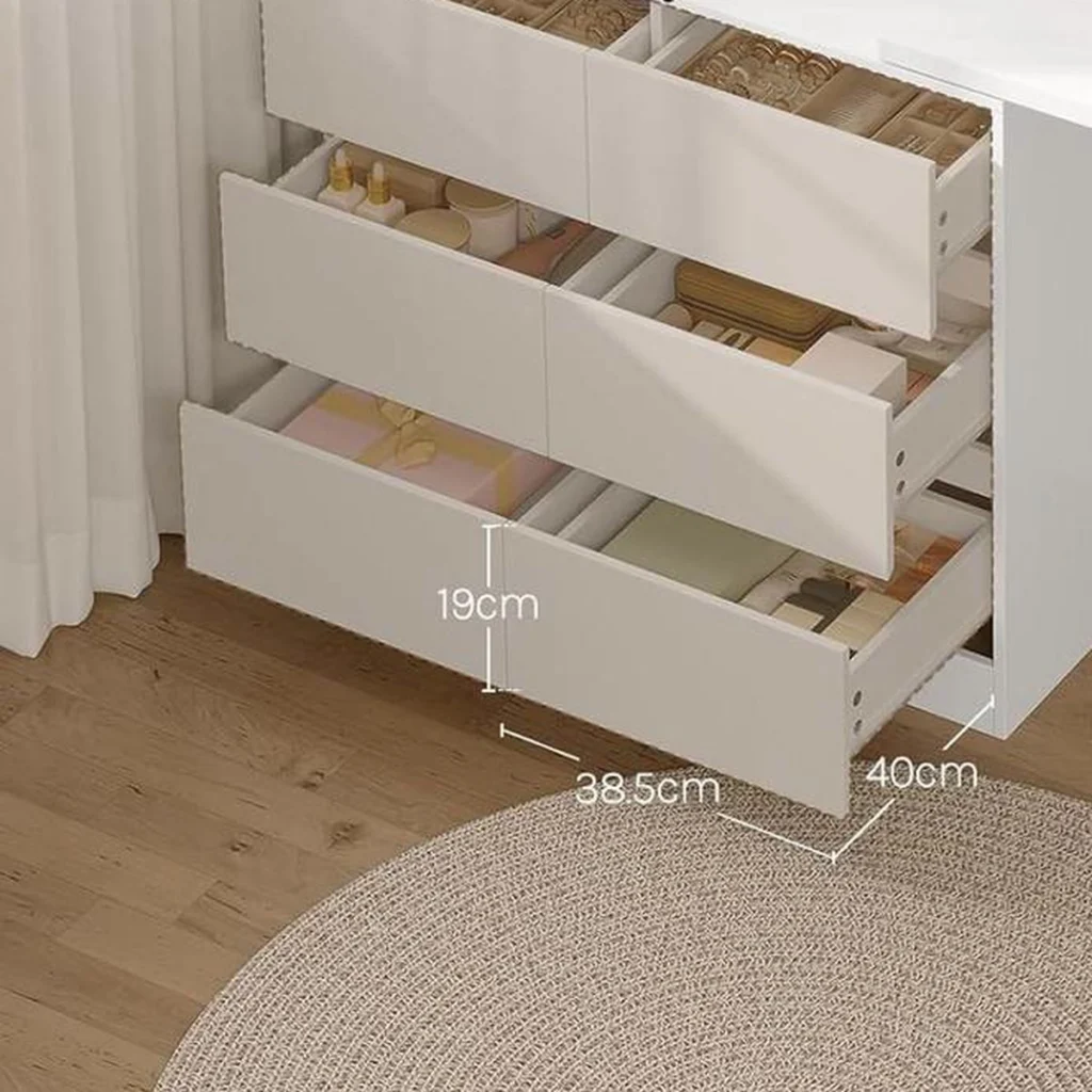 The 6 drawers open: 38.5 × 40 cm, 19 cm high