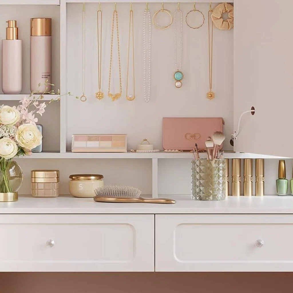 The mirror open: necklaces hanging from the hooks behind it