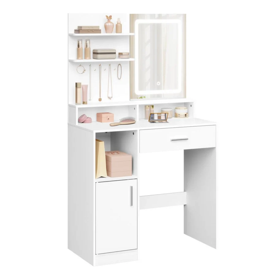The dressing table: LED mirror, shelves, jewellery hooks, drawer, open compartment and cupboard