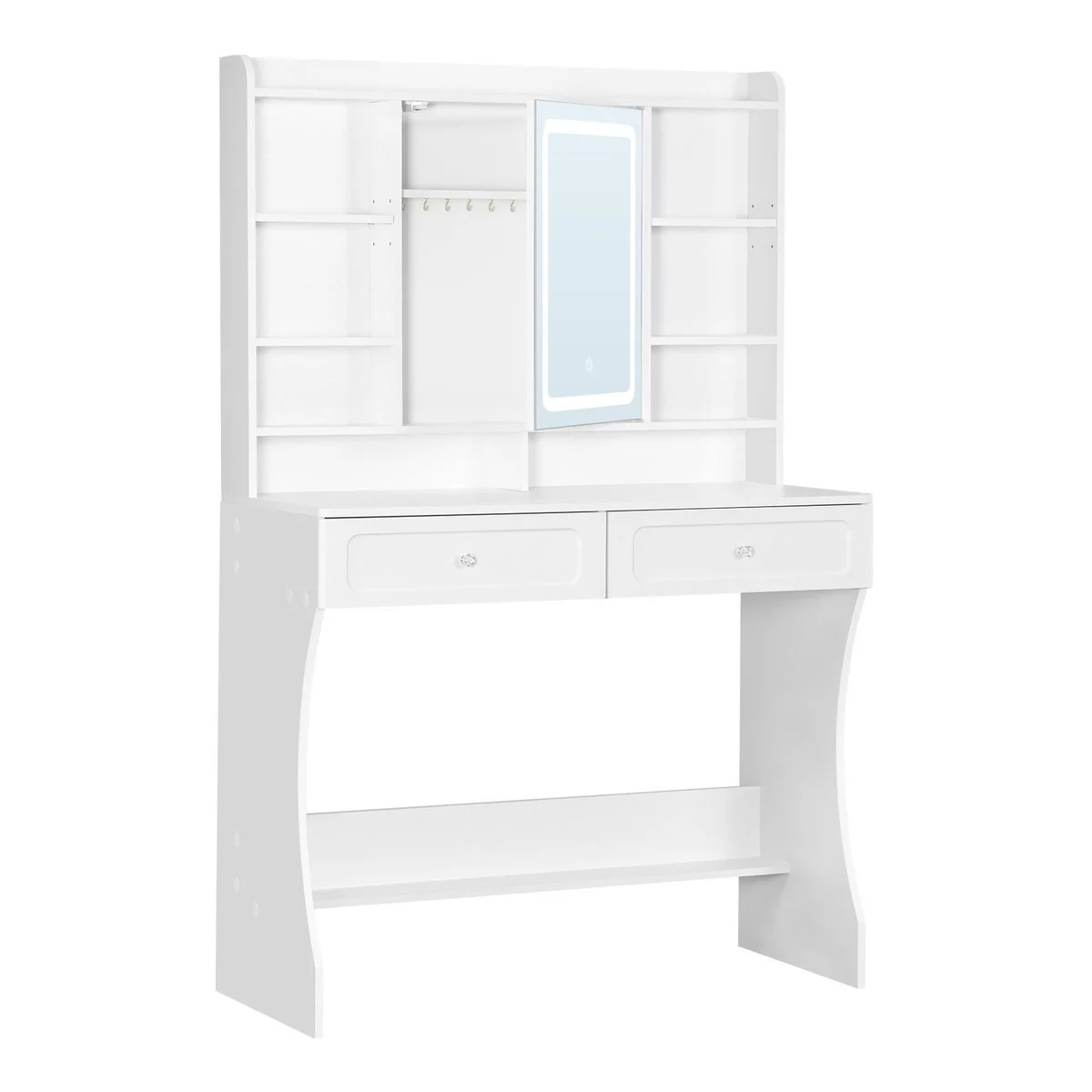 The 90 cm dressing table: LED mirror, 8 compartments, 2 drawers and bottom shelf