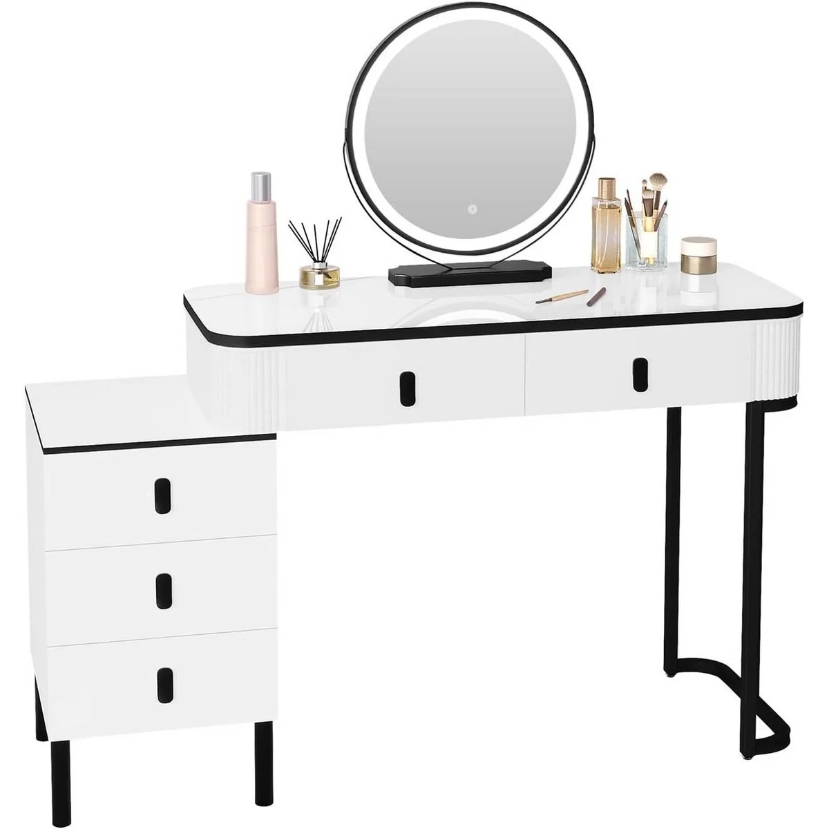 The 100 cm dressing table, its 3-drawer unit and its round mirror