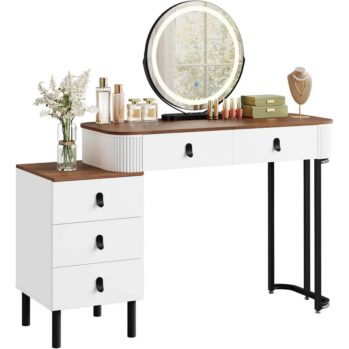 The 100 cm dressing table, its 3-drawer unit and its round mirror