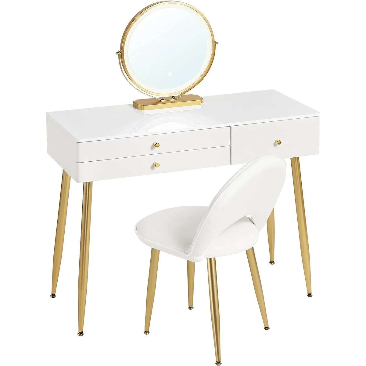 The 100 cm dressing table, its gold round mirror and its velvet chair