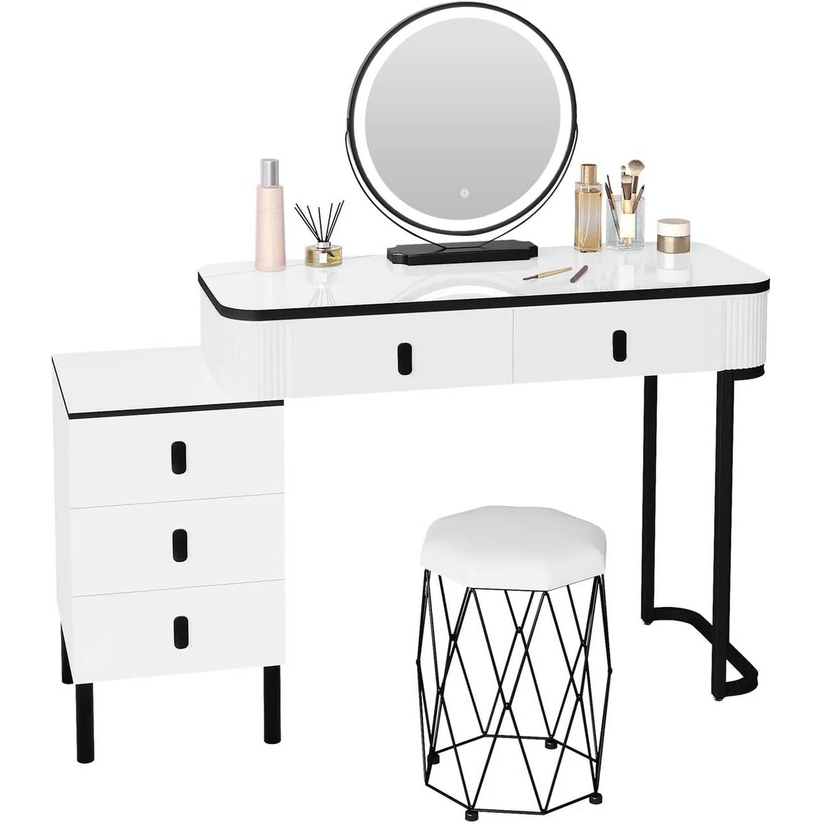 The 100 cm dressing table, its 3-drawer unit, its round mirror and its stool