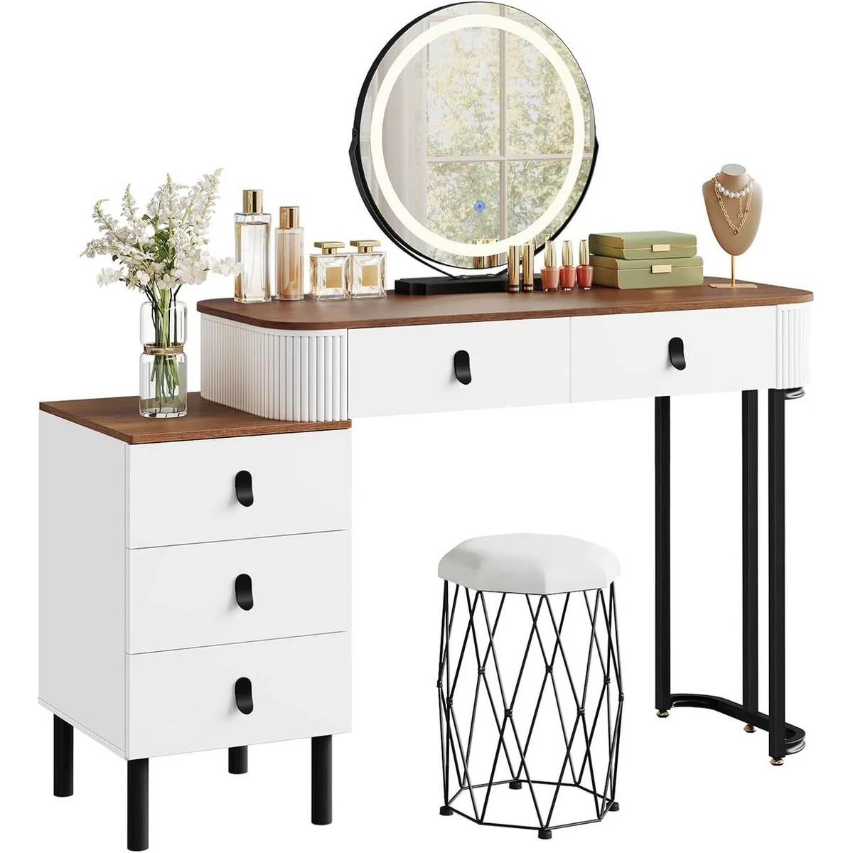 The 100 cm dressing table, its 3-drawer unit, its round mirror and its stool