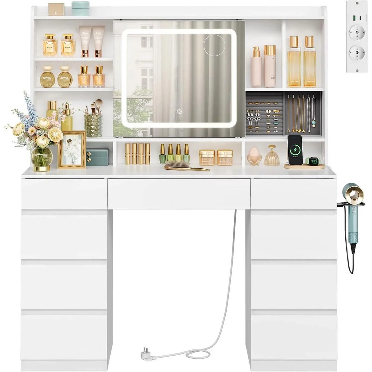 The dressing table: sliding LED mirror, shelves, jewellery tray, 9 drawers and power strip