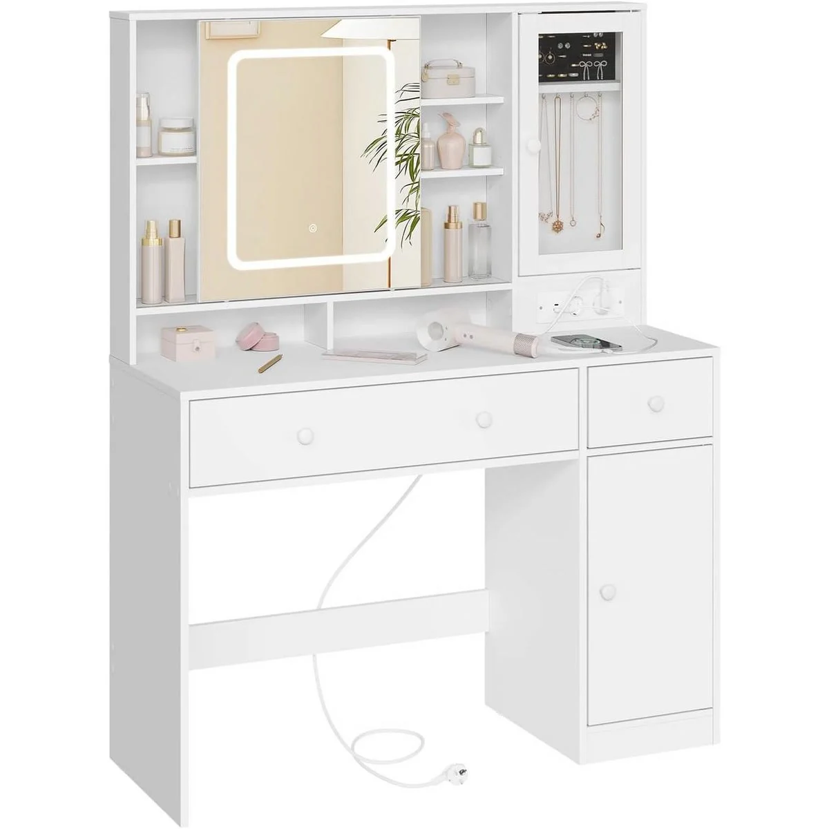The dressing table: sliding LED mirror, compartments, jewellery box, power strip, 2 drawers and cupboard