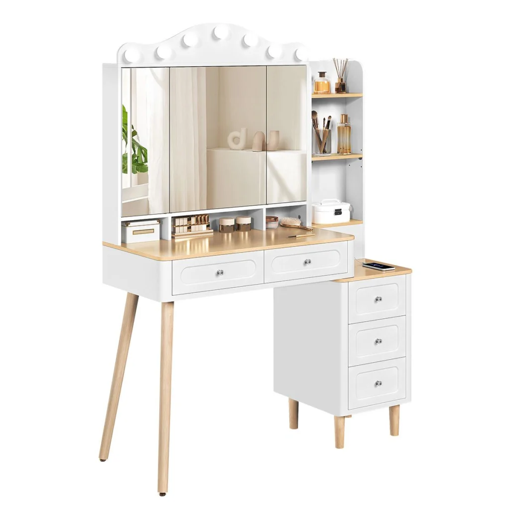 The dressing table: tri-fold mirror, LED bulbs, 5 drawers and side unit