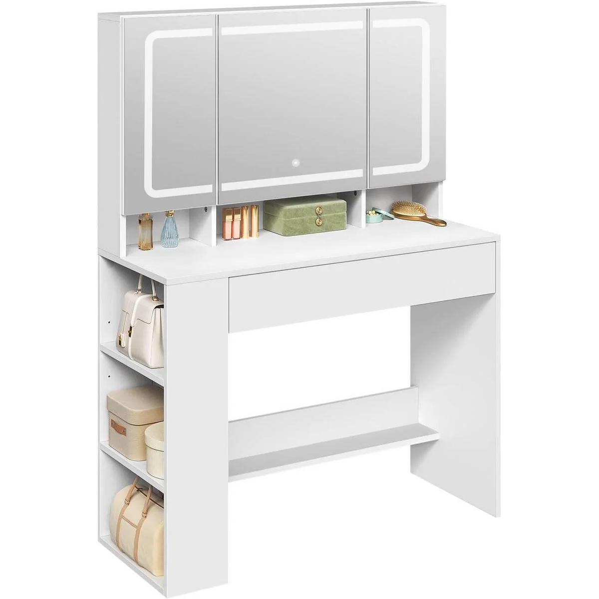 The dressing table: tri-fold mirror, 3 open compartments, large drawer and 3-tier side shelf unit