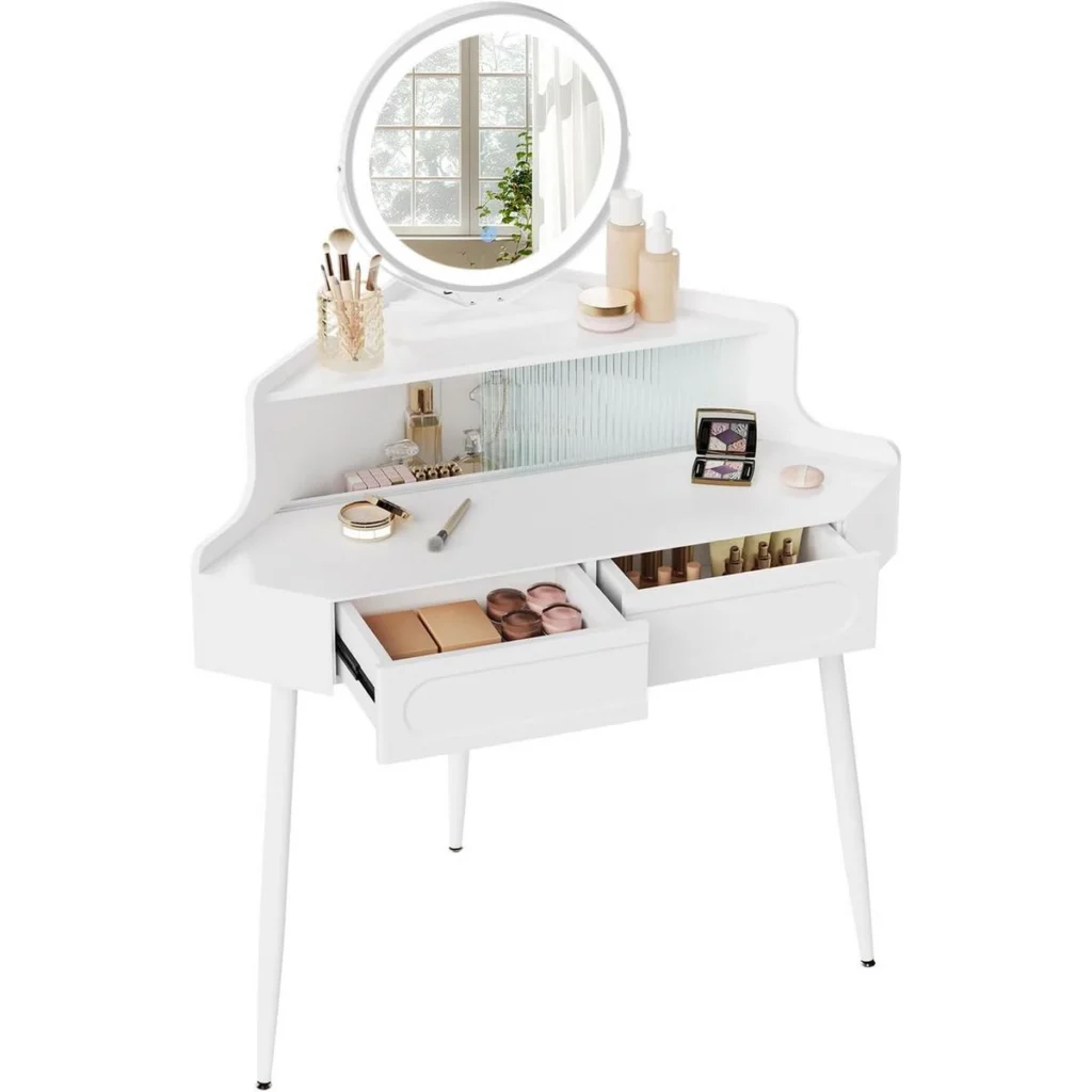 The corner dressing table with its drawers open, round mirror and glass-fronted compartment