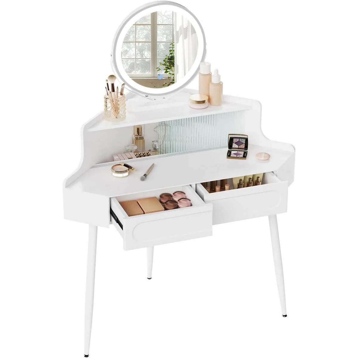 The corner dressing table with its drawers open, round mirror and glass-fronted compartment