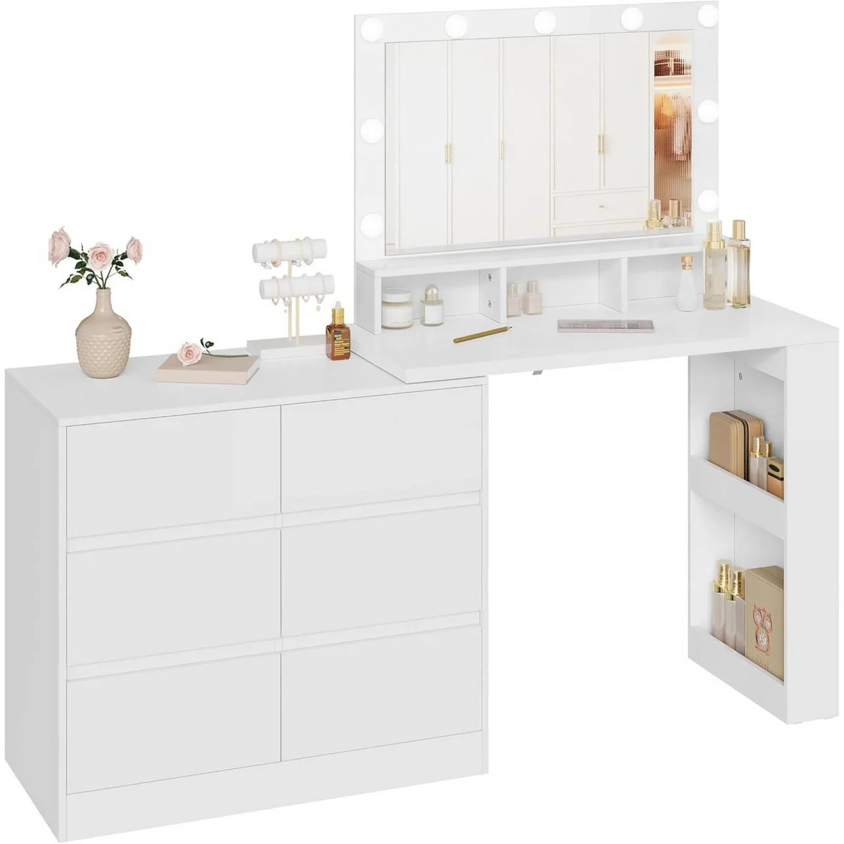 The dressing table: 6-drawer chest, 90 cm top, bulb mirror, open compartments and side shelf unit
