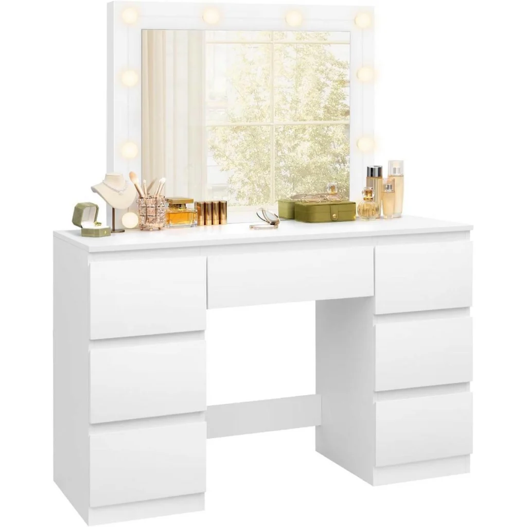 The dressing table: 10-bulb mirror and 7 drawers
