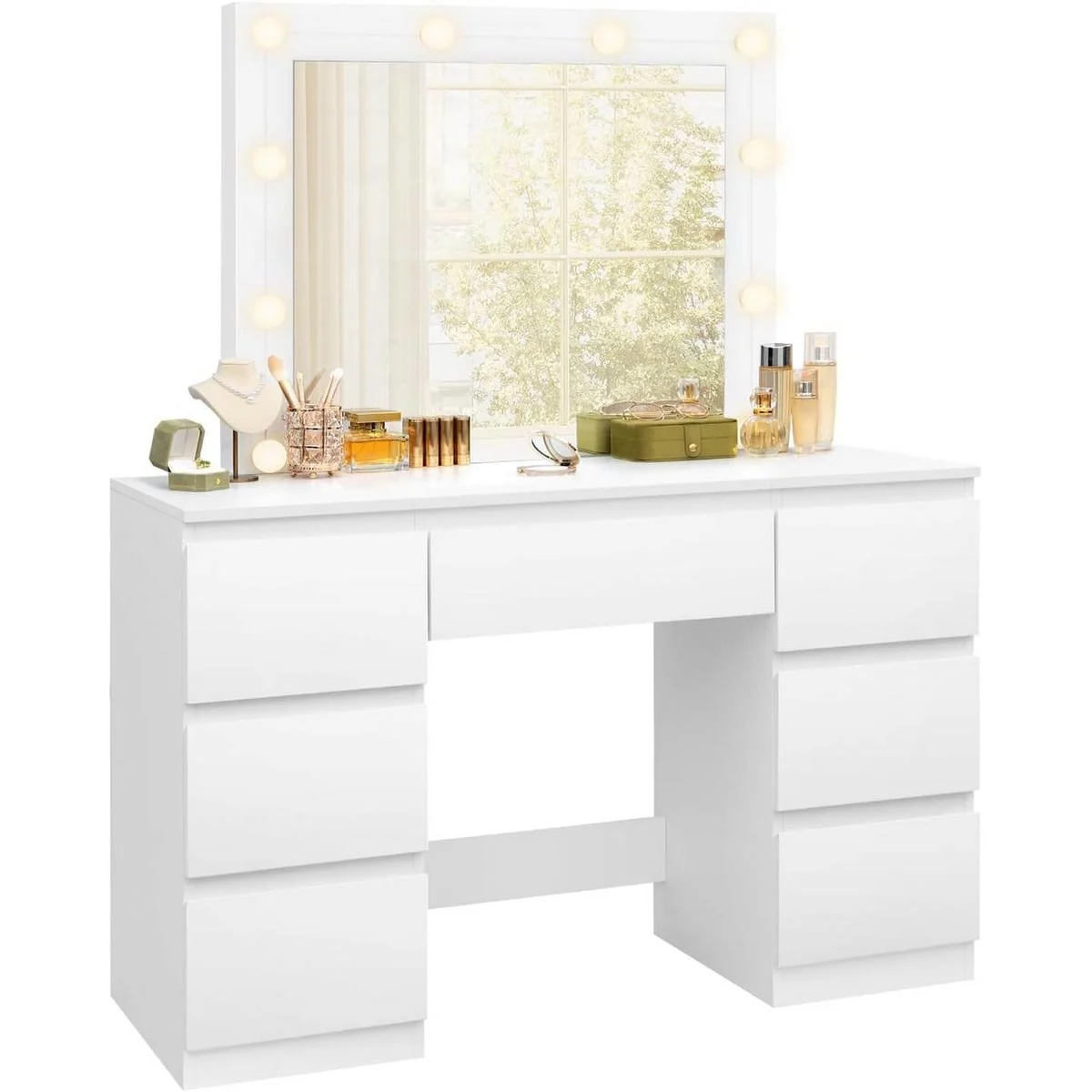 The dressing table: 10-bulb mirror and 7 drawers