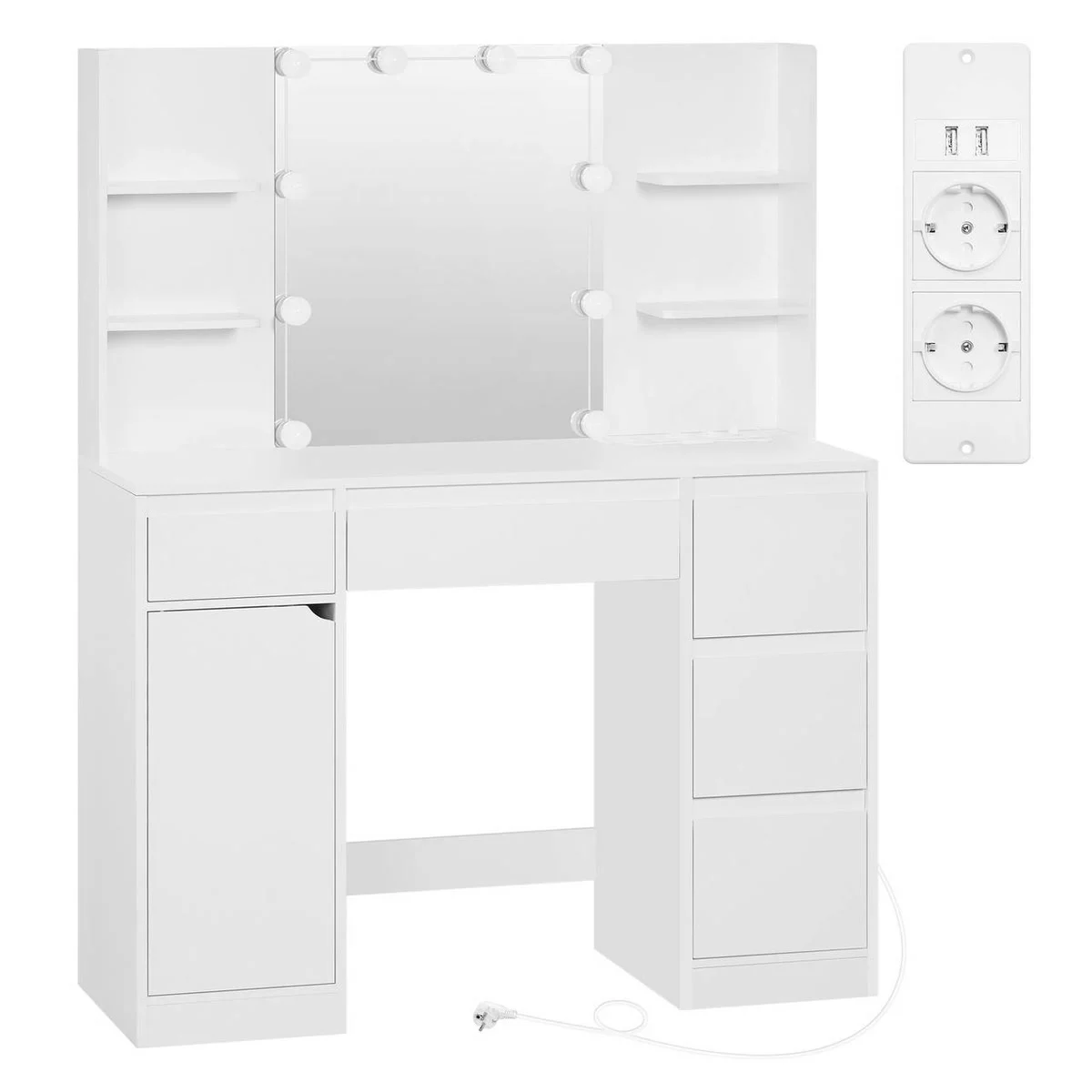 The dressing table: 10-bulb mirror, 4 shelves, 5 drawers, a cupboard and the power strip
