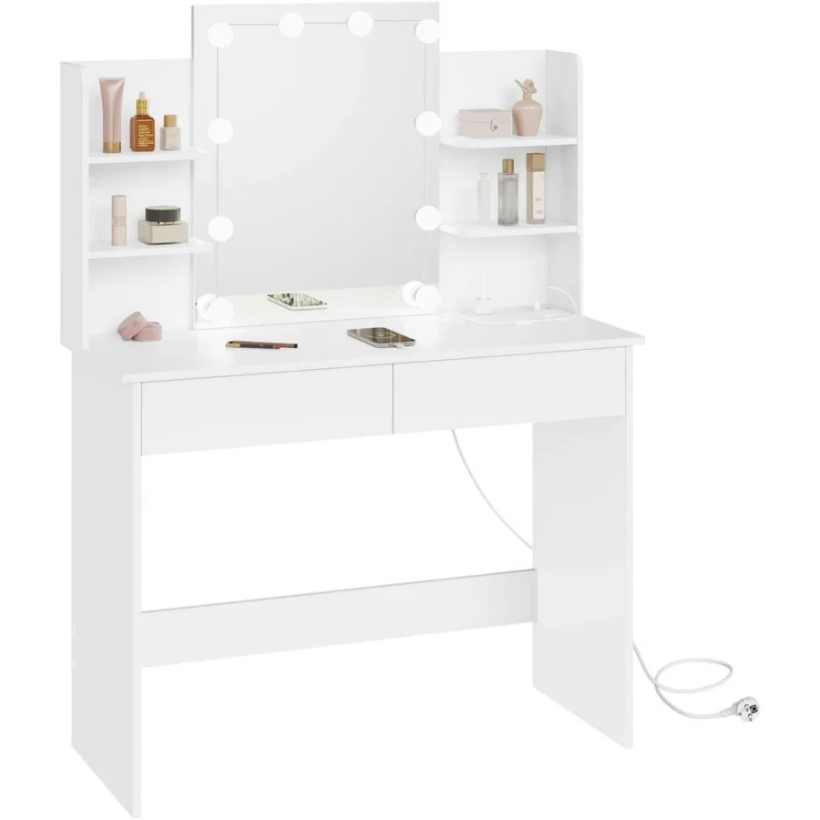 The dressing table: mirror with 10 bulbs, 4 shelves, 2 drawers and power strip