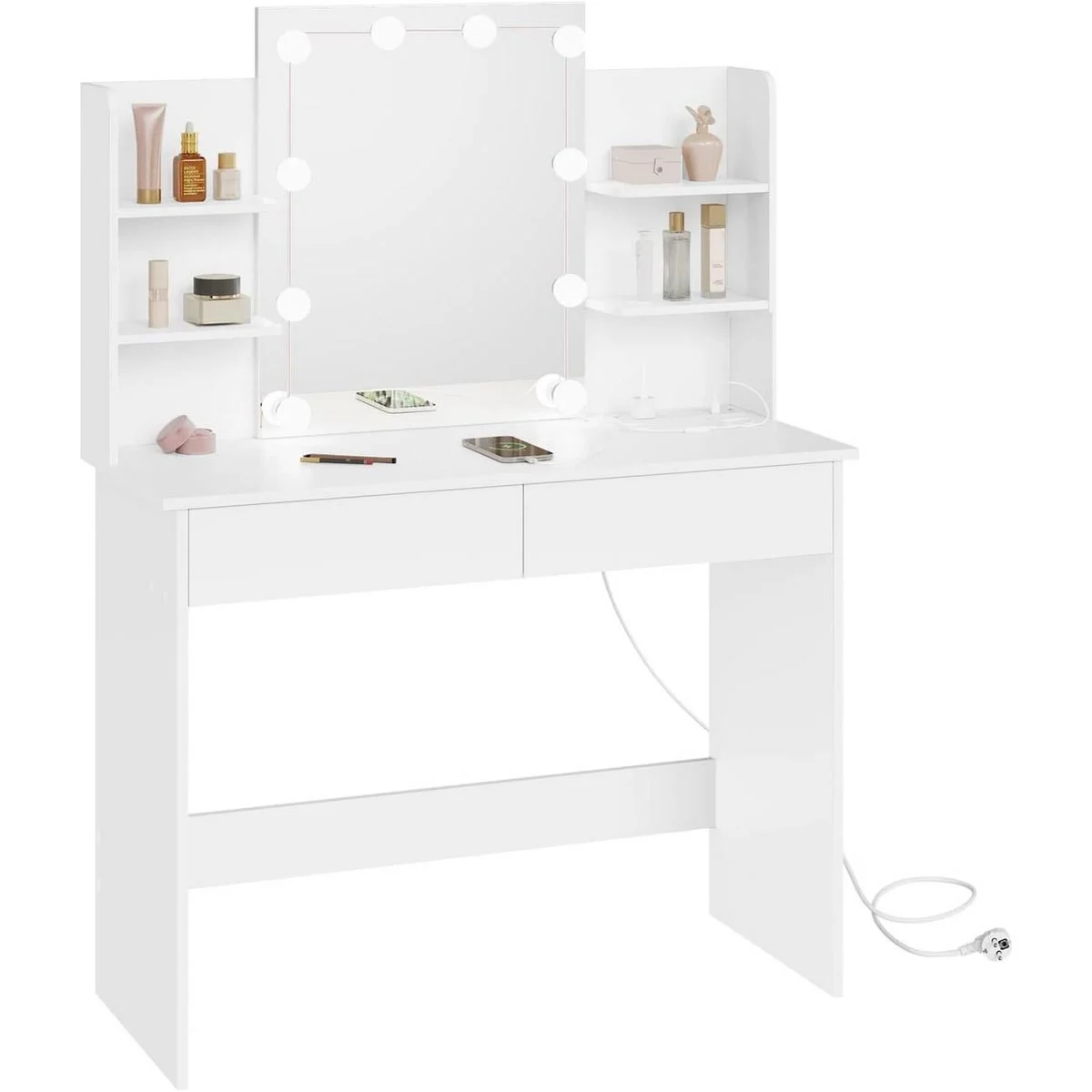 The dressing table: mirror with 10 bulbs, 4 shelves, 2 drawers and power strip