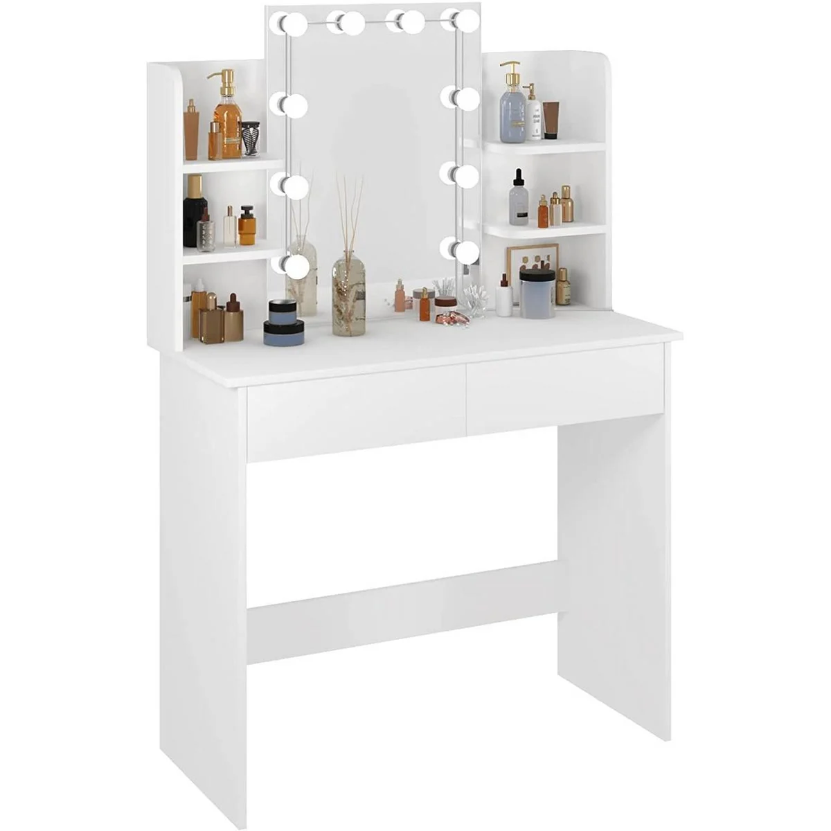 The Hollywood dressing table: 10-bulb mirror, 4 shelves and 2 drawers