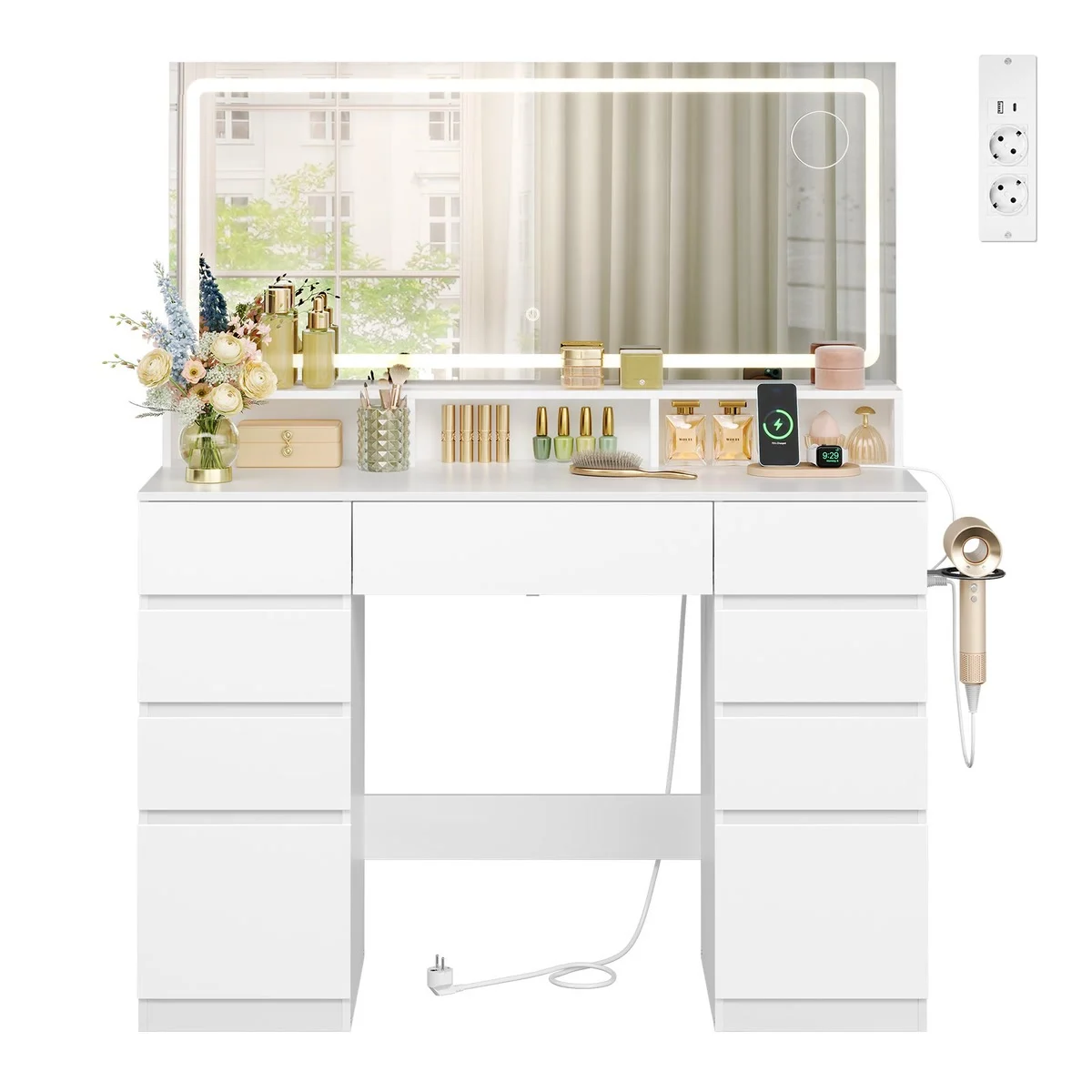 The dressing table: 110 cm LED mirror, 5× magnifier, 3 open compartments, 9 drawers and power strip