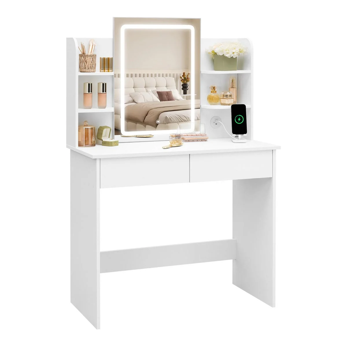The dressing table: 45 × 60 cm LED mirror, 6 open shelves and 2 drawers