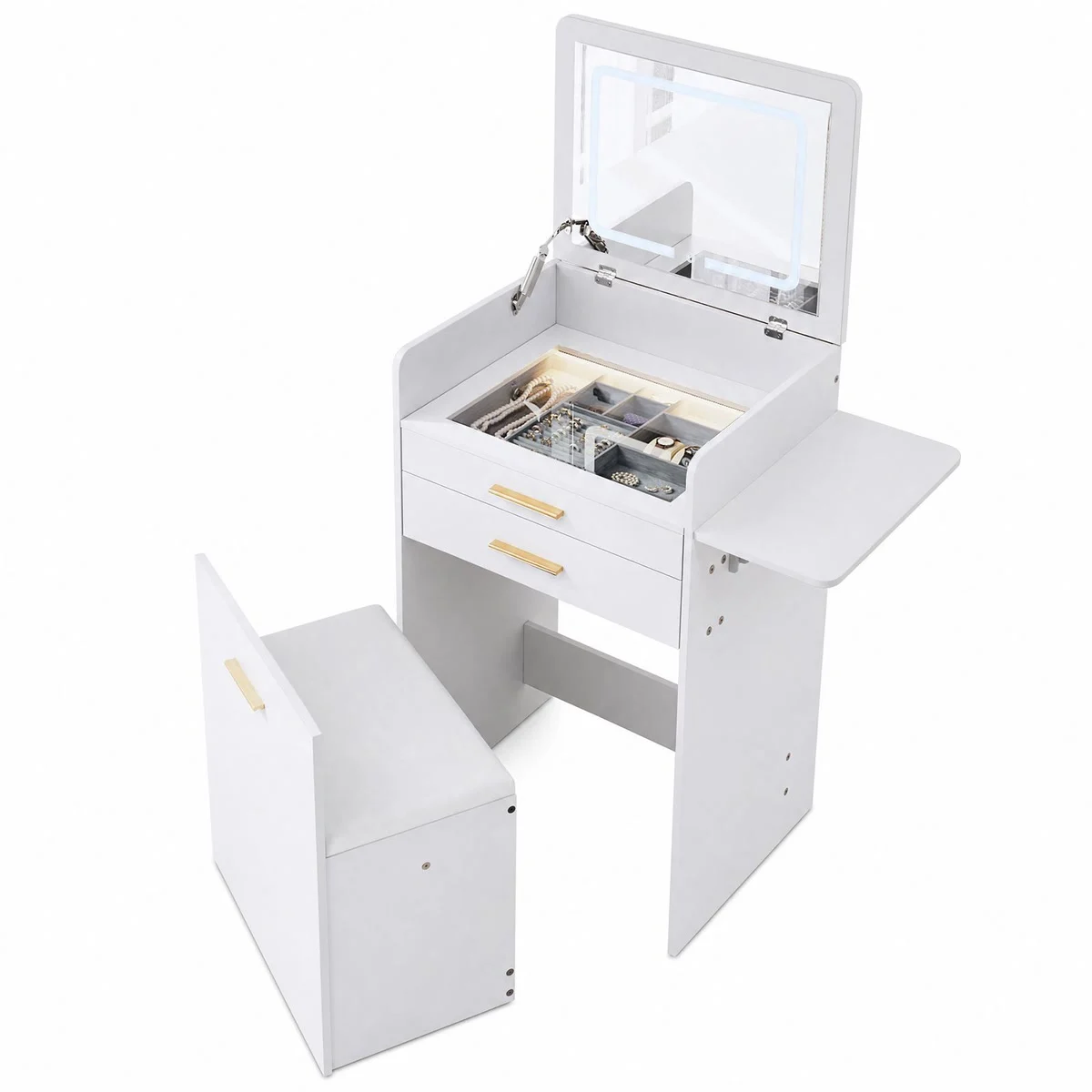 The compact dressing table, its flip-up LED mirror, its side shelf unfolded and its stool