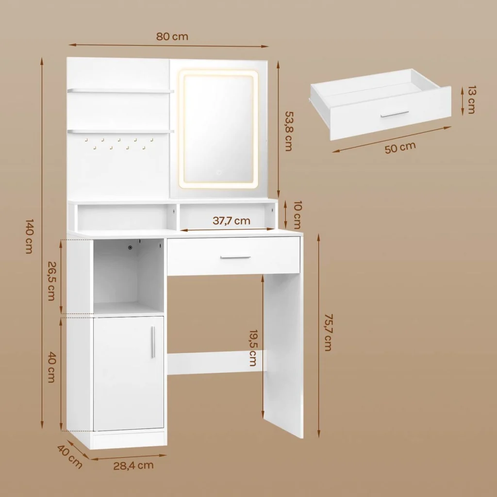 Dimensions: 80 × 40 × 140 cm, top at 75.7 cm, 50 cm drawer