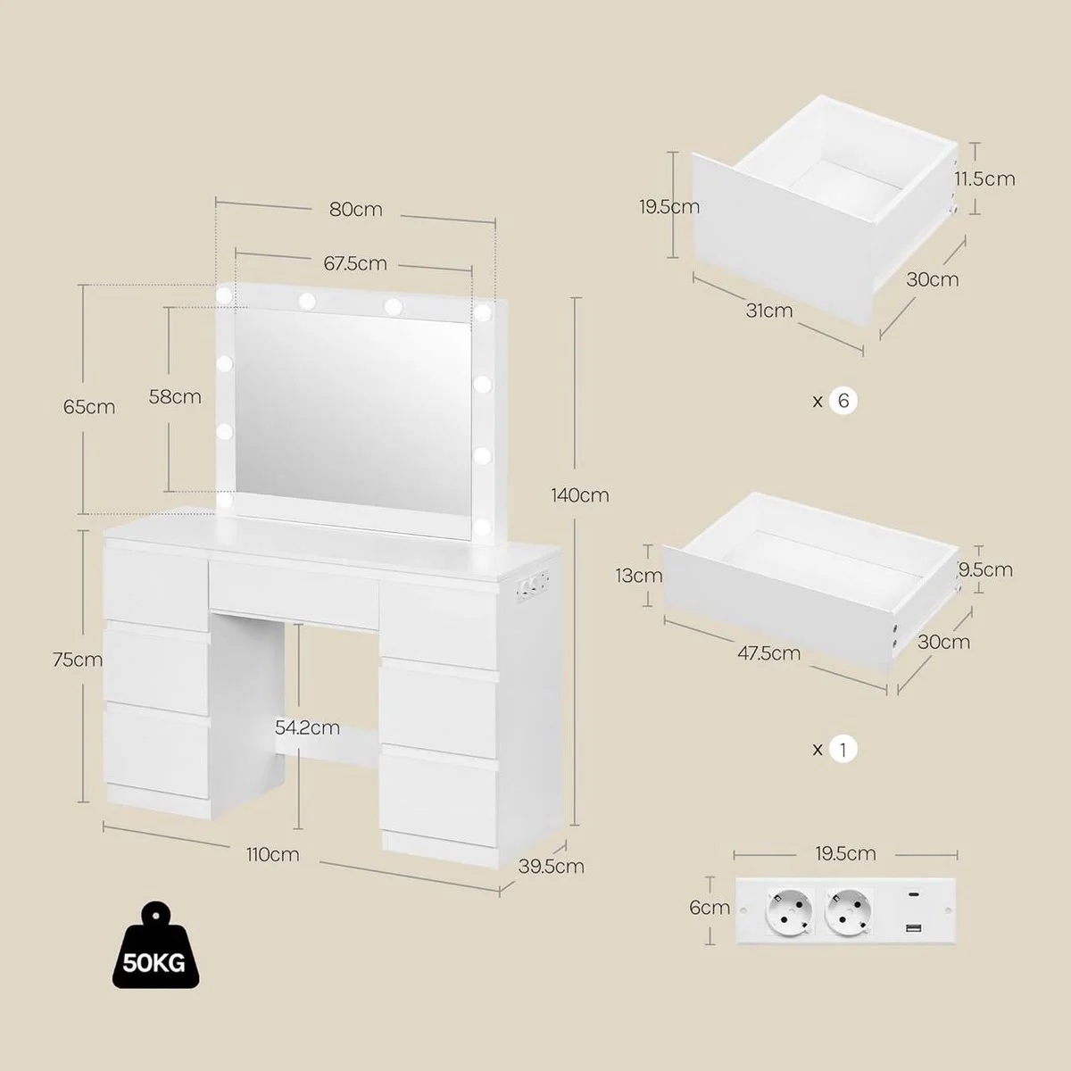 Dimensions: 110 × 39.5 cm, 140 cm high, top at 75 cm, drawers 31 cm and 47.5 cm wide