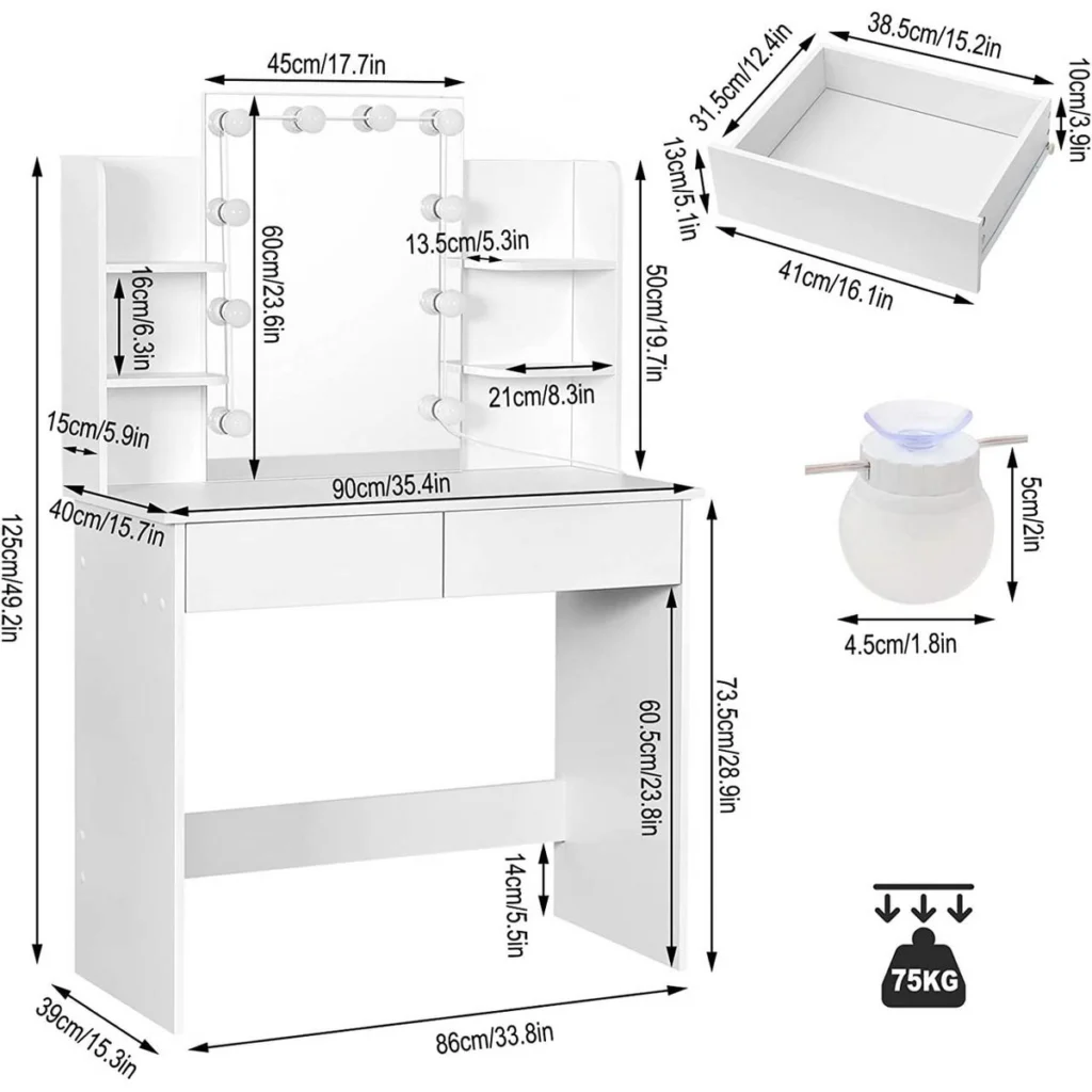 Dimensions: 90 × 40 cm, 45 × 60 cm mirror, 41 × 31.5 cm drawers