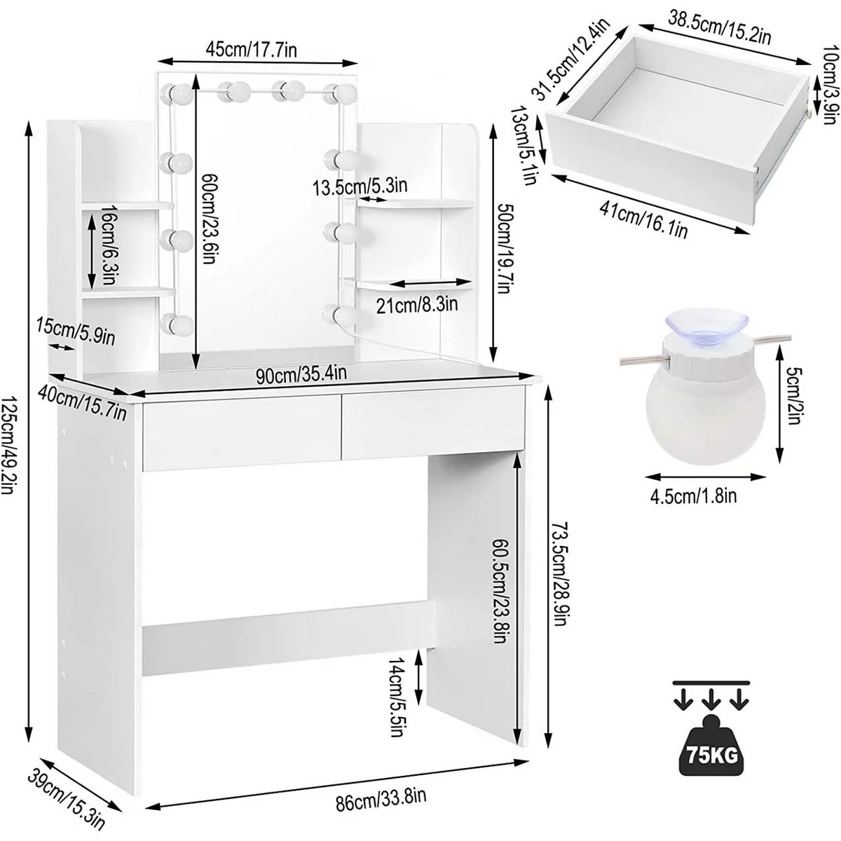 Dimensions: 90 × 40 cm, 45 × 60 cm mirror, 41 × 31.5 cm drawers
