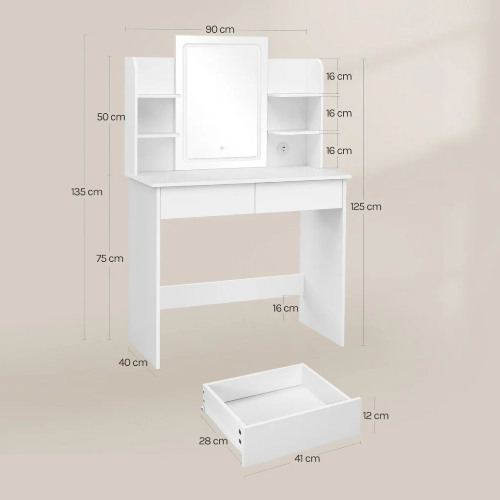 Dimensions: 90 × 40 cm, 135 cm high, tabletop at 75 cm, drawers 41 × 28 cm