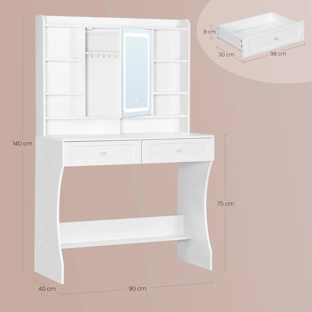 Dimensions: 90 × 40 cm, 140 cm high, top at 75 cm, drawers 38 × 30 × 9 cm