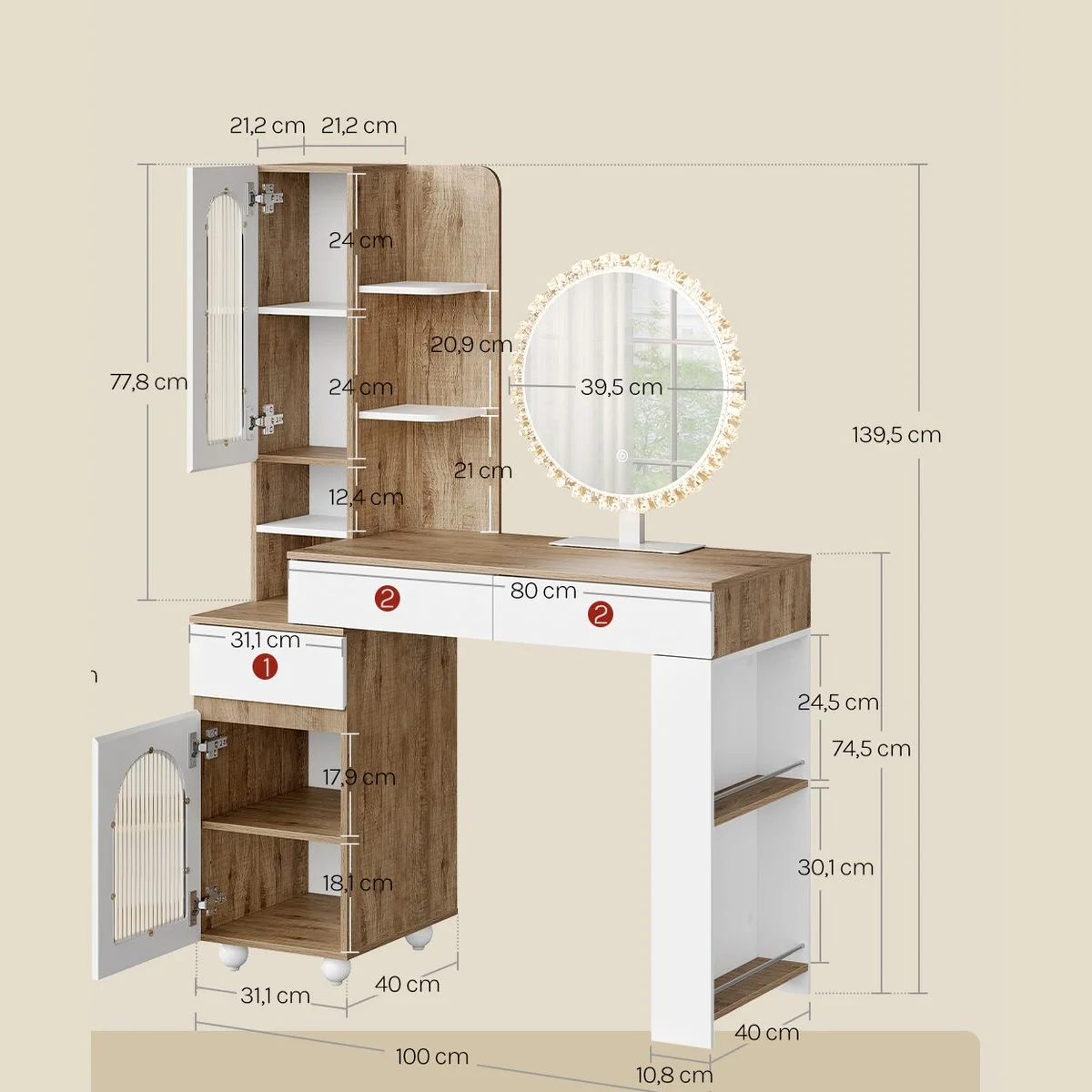 Dimensions: 100 × 40 cm, 139.5 cm high, tabletop at 74.5 cm, 39.5 cm mirror